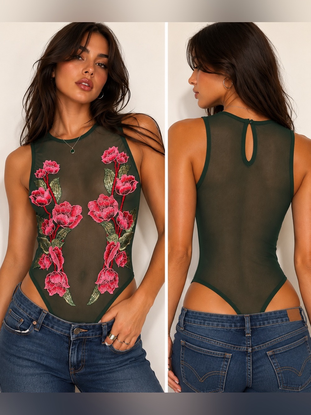 Iris Sheer Mesh Floral Embroidered Bodysuit Green Rose Appliqué Large Whimsical